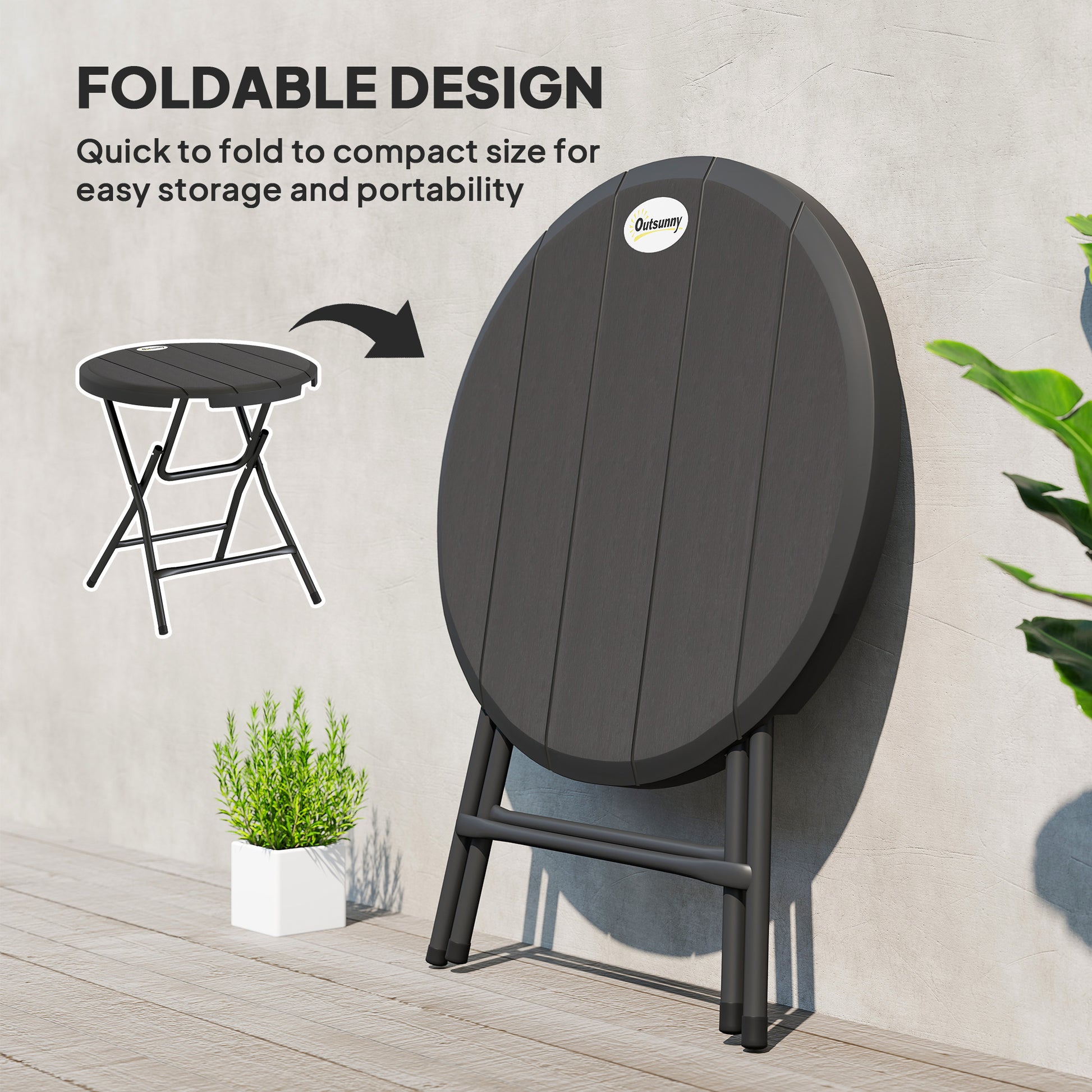 Foldable Round Patio Table for 4, Outdoor Dining Table with HDPE Tabletop and Steel Frame, Dark Grey