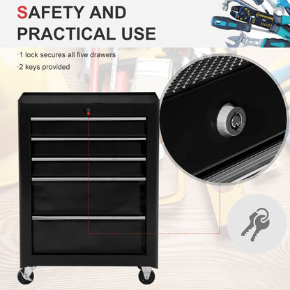 5-Drawer Rolling Tool Cabinet on Wheels, Lockable Tool Chest, Tool Organizer for Garage, Factory and Workshop, Black