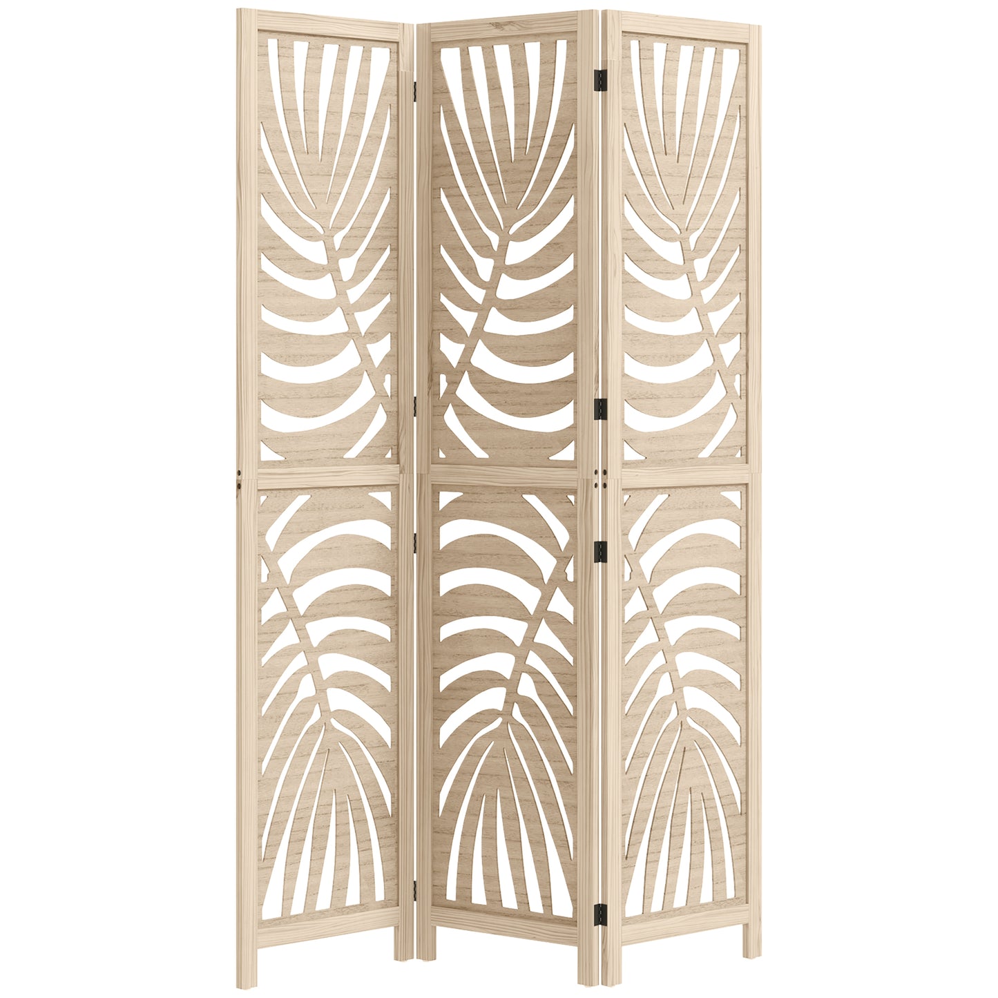 3 Panel Room Divider, Detachable Folding Privacy Screens with Palm Leaf Design for Home Office, Natural Wood Finish