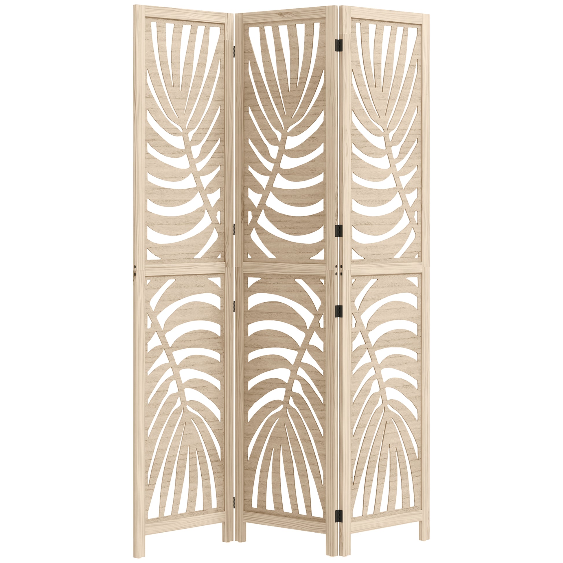3 Panel Room Divider, Detachable Folding Privacy Screens with Palm Leaf Design for Home Office, Natural Wood Finish