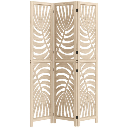 3 Panel Room Divider, Detachable Folding Privacy Screens with Palm Leaf Design for Home Office, Natural Wood Finish