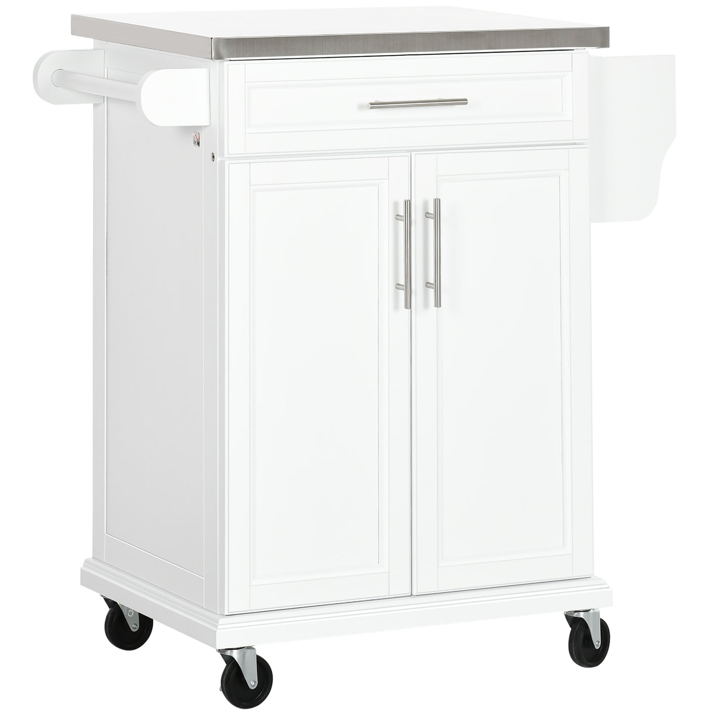 Kitchen Island with Stainless Steel Top, Rolling Kitchen Cart on Wheels with Storage Drawer, Cabinet, Towel Rack and Spice Rack (White)