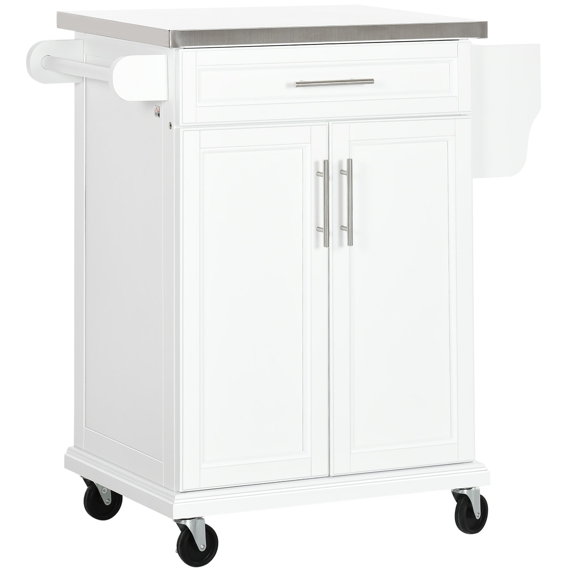 Kitchen Island with Stainless Steel Top, Rolling Kitchen Cart on Wheels with Storage Drawer, Cabinet, Towel Rack and Spice Rack (White)