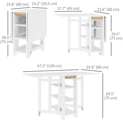 Folding Dining Table with Storage, Drop Leaf Kitchen Table for Small Spaces, White