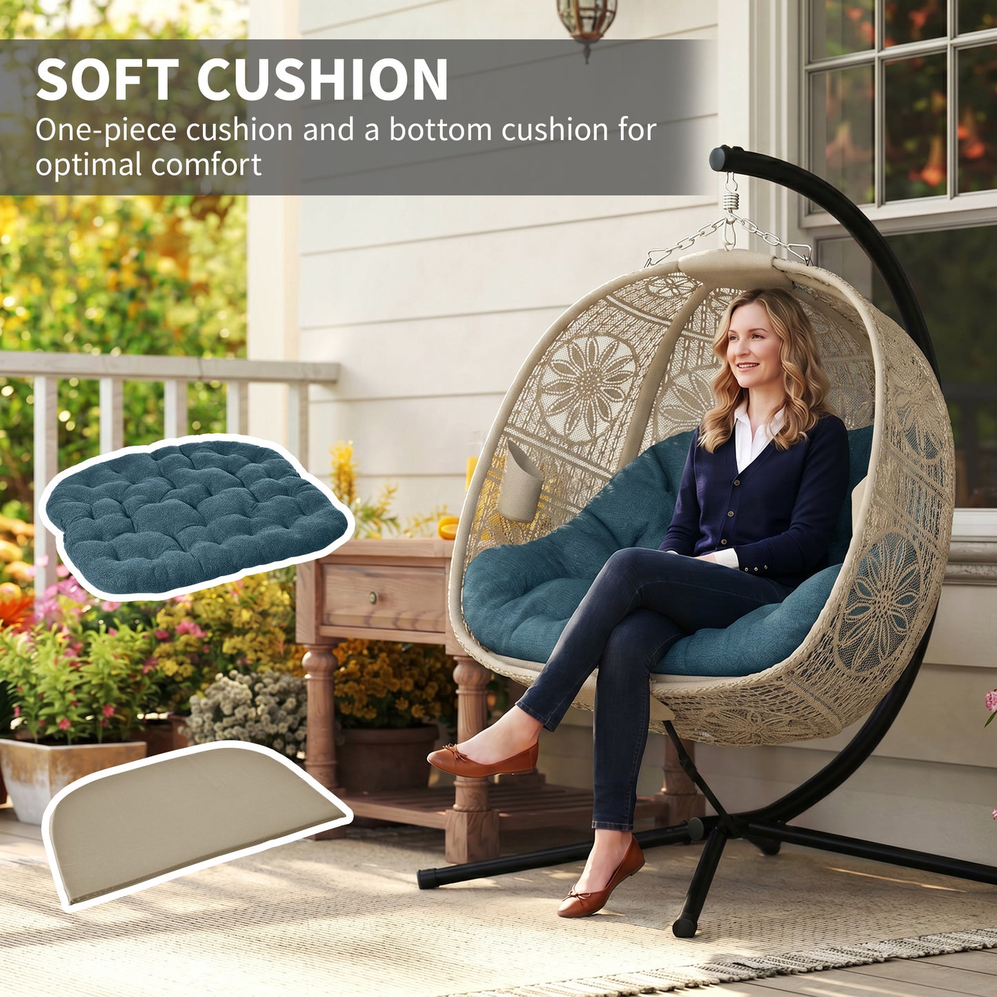 Hanging Egg Chair with Stand, Foldable Basket Swing Chair with Removable Washable Cushion, Dark Grey