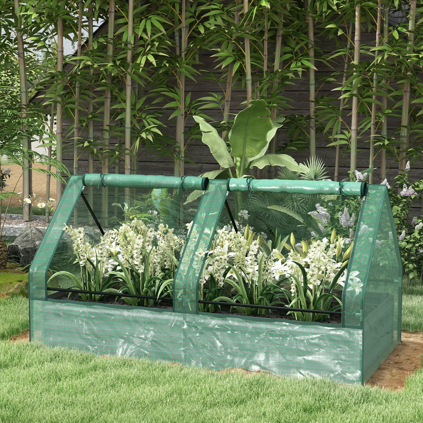 6' x 3' Metal Planter Box with Cover, Raised Garden Bed with Mini Greenhouse for Herbs, Vegetables, Green and Silver