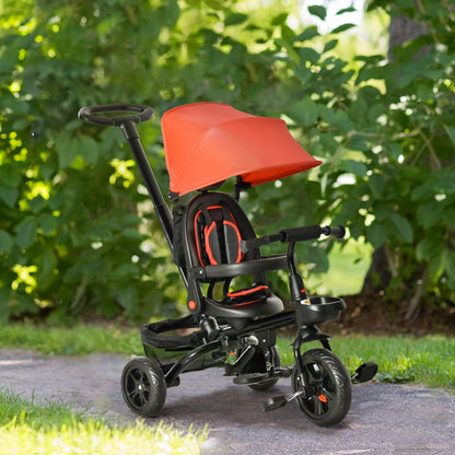 Qaba Tricycle for Toddler 4 in 1 Kids Trike, Foldable Converts Stroller to Toddler Bike, Adjustable Backrest & Curved Canopy, Detachable Guardrail & Handle for 1-5 Years Old, Red