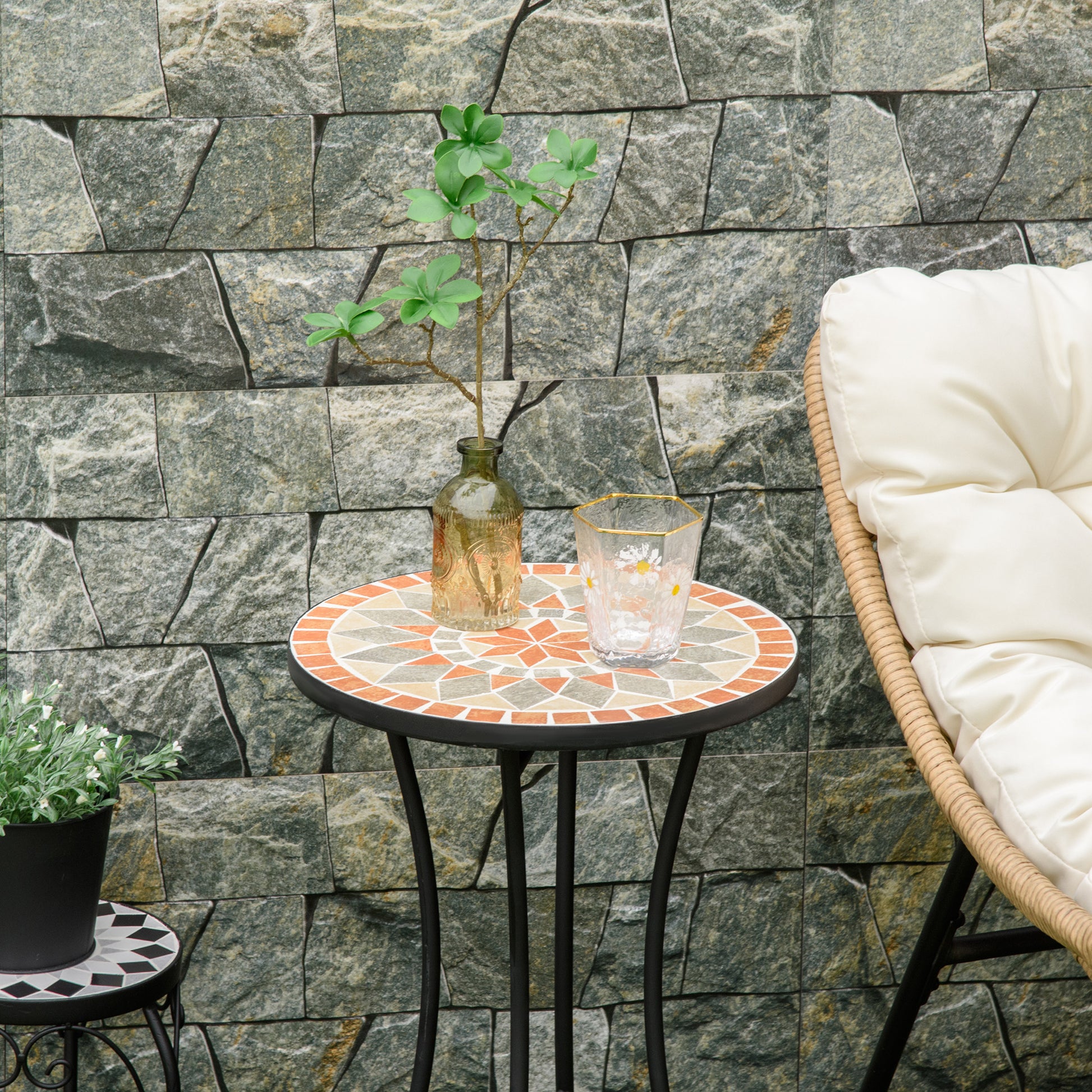 Mosaic Patio Table, Round Coffee Table with Metal Frame, Garden Furniture for Outdoor, Poolside, Yellow & Grey