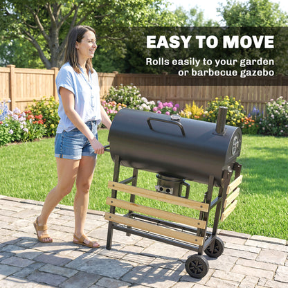Charcoal BBQ Grill with Foldable Shelves, Barbecue Grill with Warming Rack, Thermometer, Wheels, Natural Wood and Black