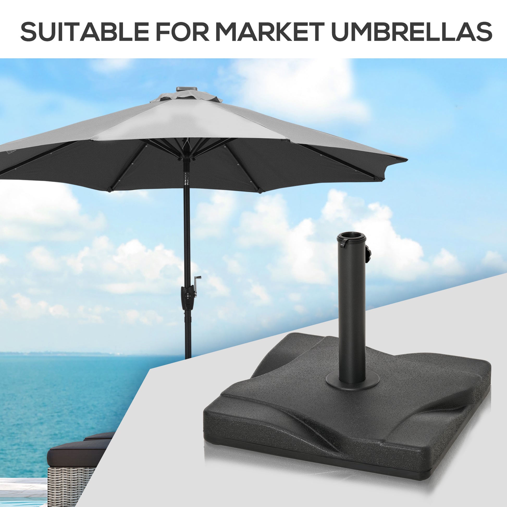 44lbs Square Cement Patio Umbrella Base Stand, Outdoor Garden Parasol Base Umbrella Weight Stand Holder Fits Φ1.3", Φ1.5" and Φ2.0" Pole - Black