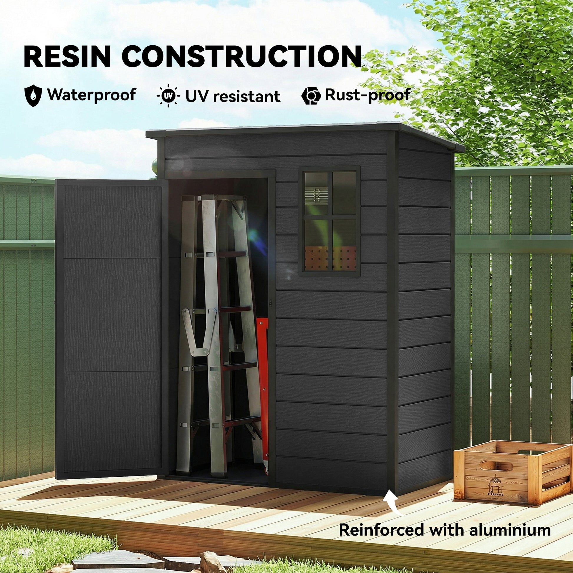 5 x 3FT Garden Shed with Floor, Outdoor Storage Shed with Lockable Door, Window and Vent for Backyard, Patio, Dark Grey