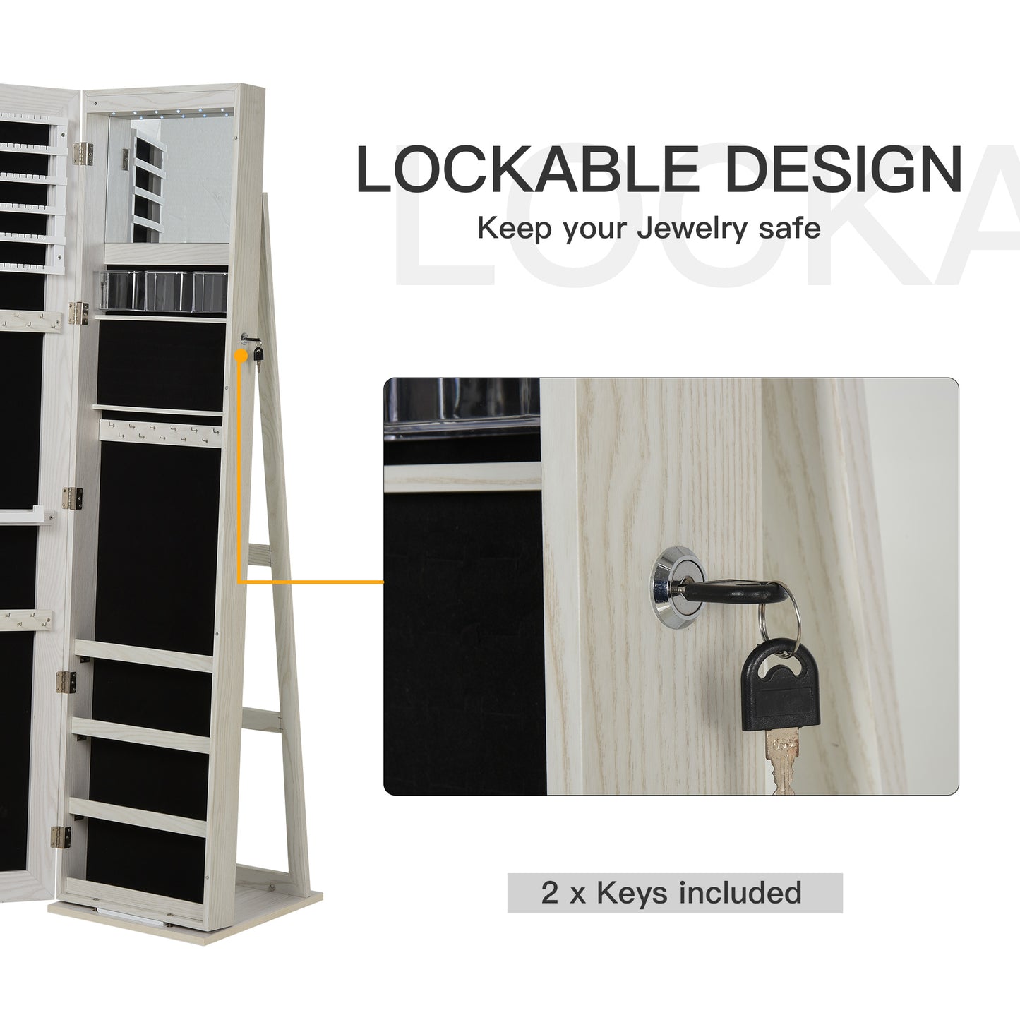 Mirror Jewelry Cabinet Armoire, Lockable Jewelry Organizer with Full-Length Mirror, LED Lights, Standing Jewelry Armoire in White Wood