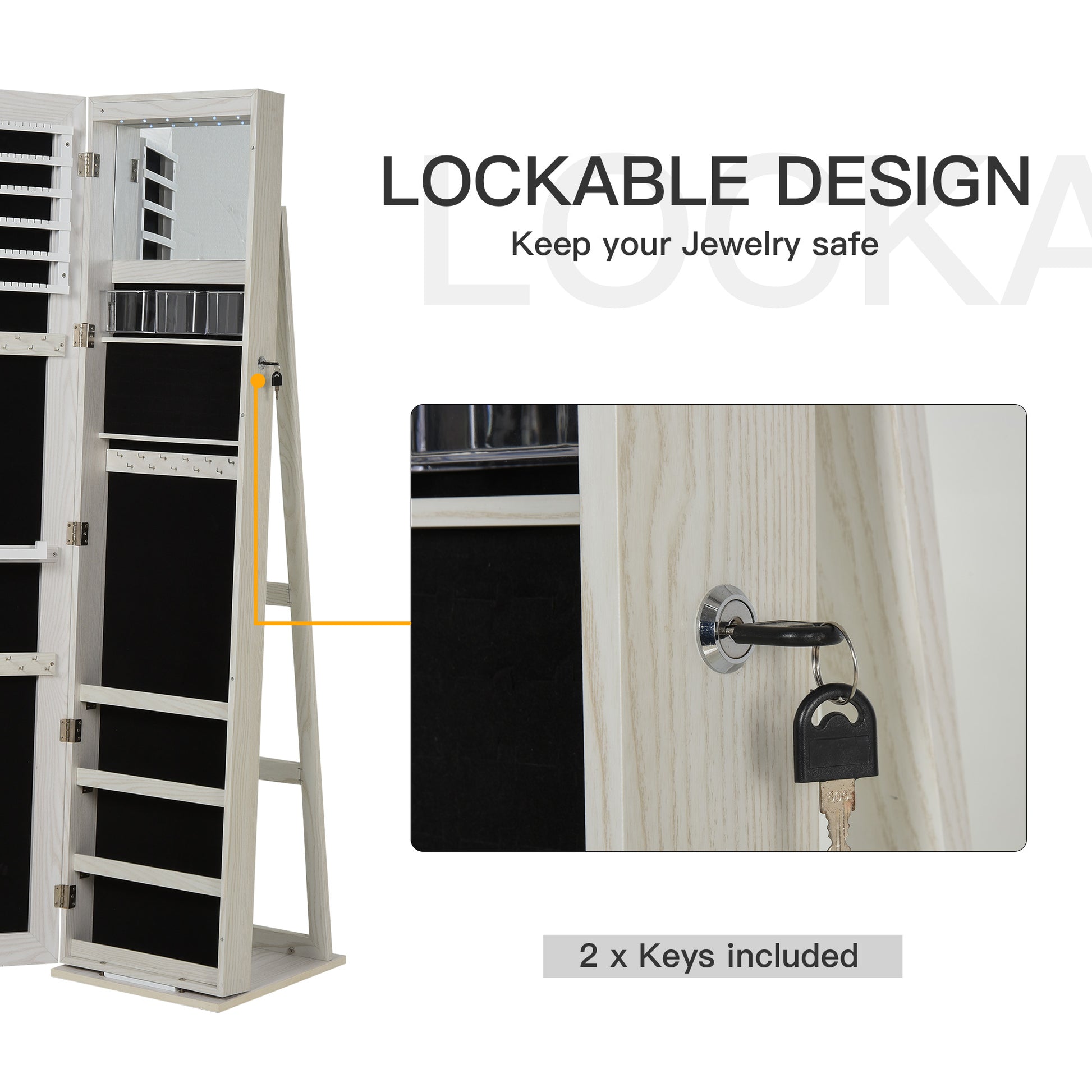 Mirror Jewelry Cabinet Armoire, Lockable Jewelry Organizer with Full-Length Mirror, LED Lights, Standing Jewelry Armoire in White Wood