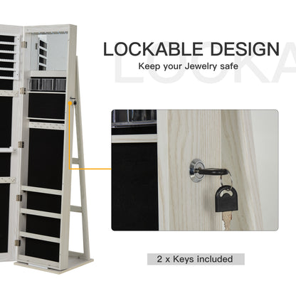 Mirror Jewelry Cabinet Armoire, Lockable Jewelry Organizer with Full-Length Mirror, LED Lights, Standing Jewelry Armoire in White Wood