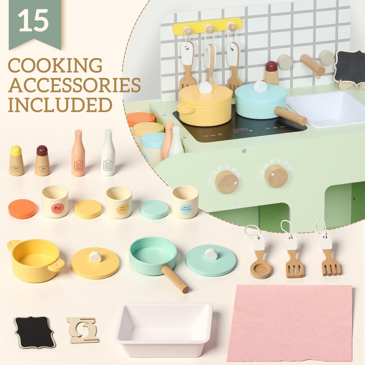 Qaba Kids Kitchen Playset with 15 Accessories, Microwave Oven, Cabinets, for Boys and Girls Ages 3+, Green