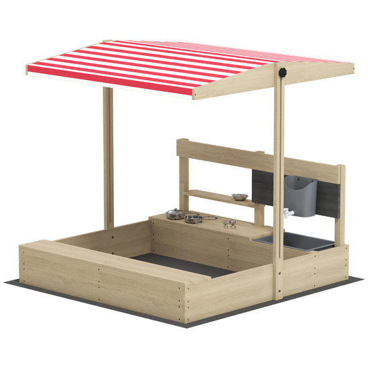 Kids Sandbox with Cover Kitchen Playset Toys, Wooden Sand Box with Seat, Storage, for 3-7 Years Old, Natural Wood