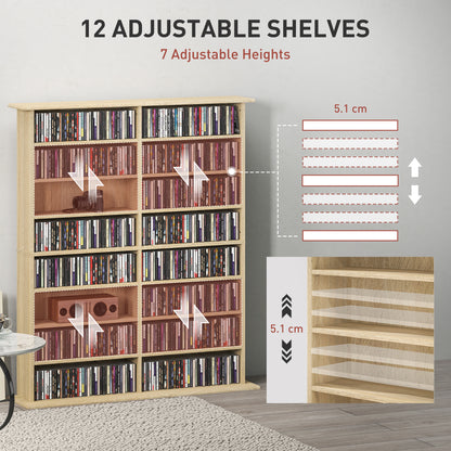 8-Tier DVD Shelf with 12 Adjustable Shelves, Double CD Shelf, Holds 720 CDs, 396 DVDs or 396 Blu-rays, Natural Wood