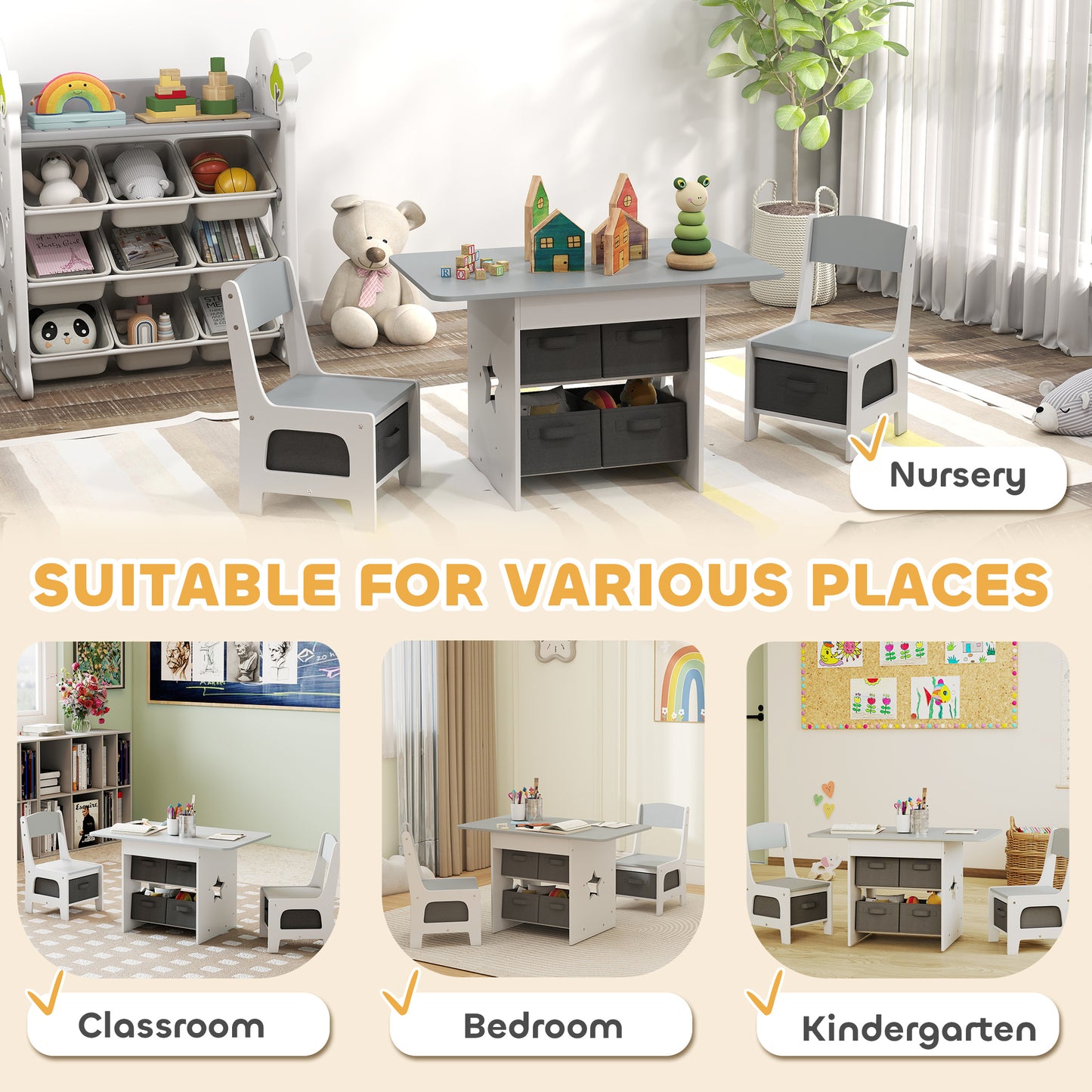 Qaba 3 Piece Kids Table and Chair Set with 6 Removable Drawers, for Classroom, Living Room, Bedroom, Nursery, Light Grey