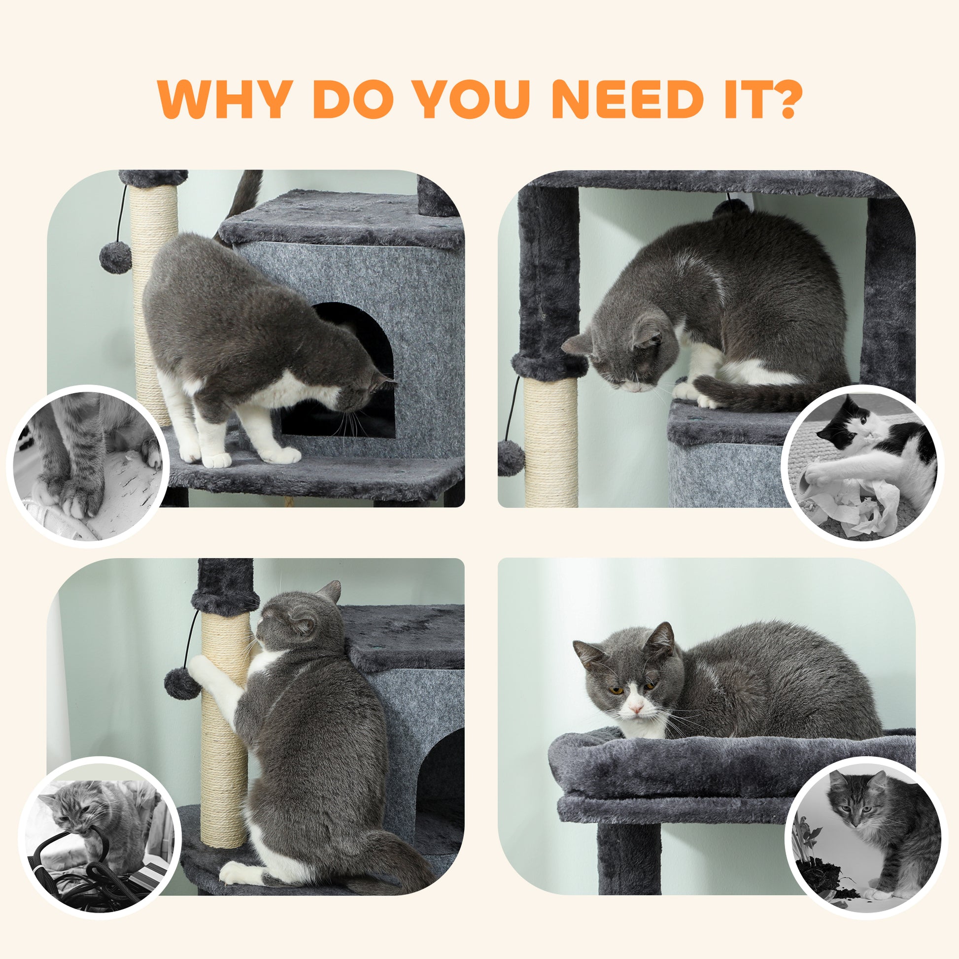 52 Inch Cat Tree with Scratching Posts, Cat Bed, Condo, Grooming Brush, Jumping Platforms, Toy Balls, Anti-tip Kit