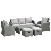 6 Pcs Patio Furniture Set with Wicker Recliner Chairs, PE Wicker Sectional Sofa Set with a 3-Seat Sofa, 2 Footstools, Table, 2 Recliner Chairs, Grey