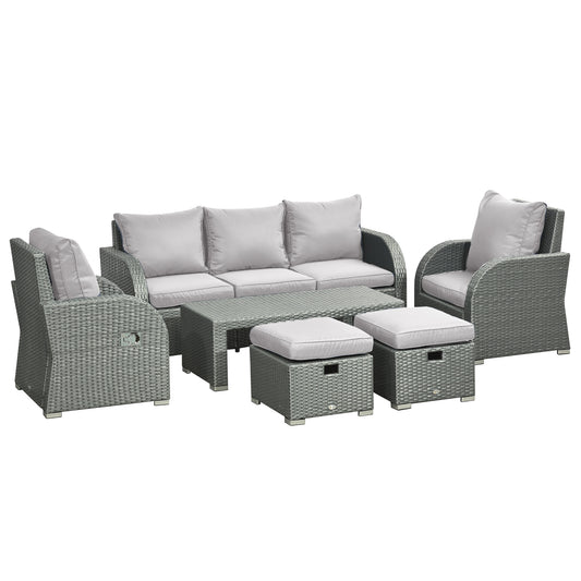 6 Pcs Patio Furniture Set with Wicker Recliner Chairs, PE Wicker Sectional Sofa Set with a 3-Seat Sofa, 2 Footstools, Table, 2 Recliner Chairs, Grey