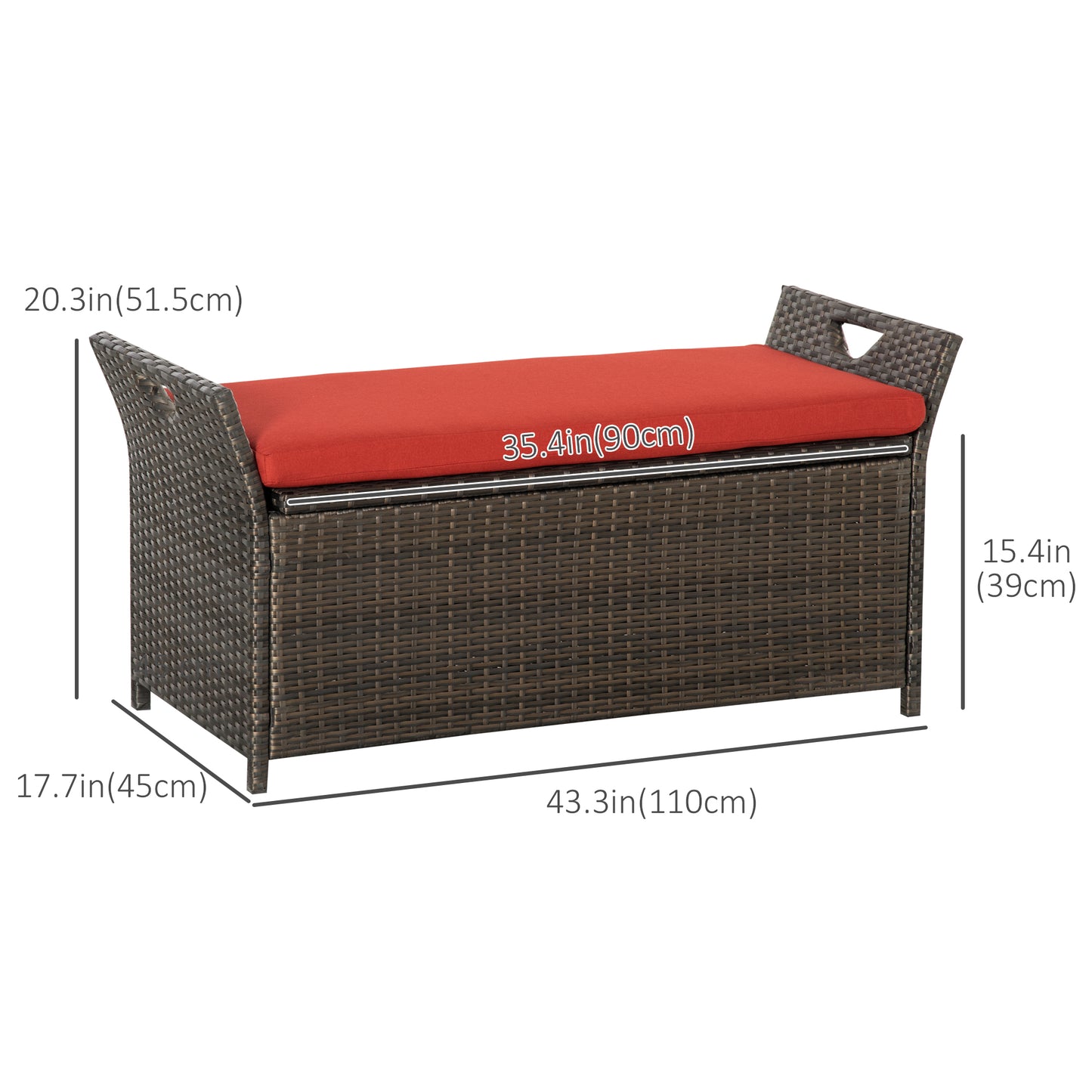 2-In-1 Outdoor PE Rattan Storage Bench, 29 Gallon Patio Wicker Furniture, Basket Box with Handles and Cushion Red