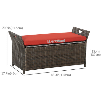 2-In-1 Outdoor PE Rattan Storage Bench, 29 Gallon Patio Wicker Furniture, Basket Box with Handles and Cushion Red
