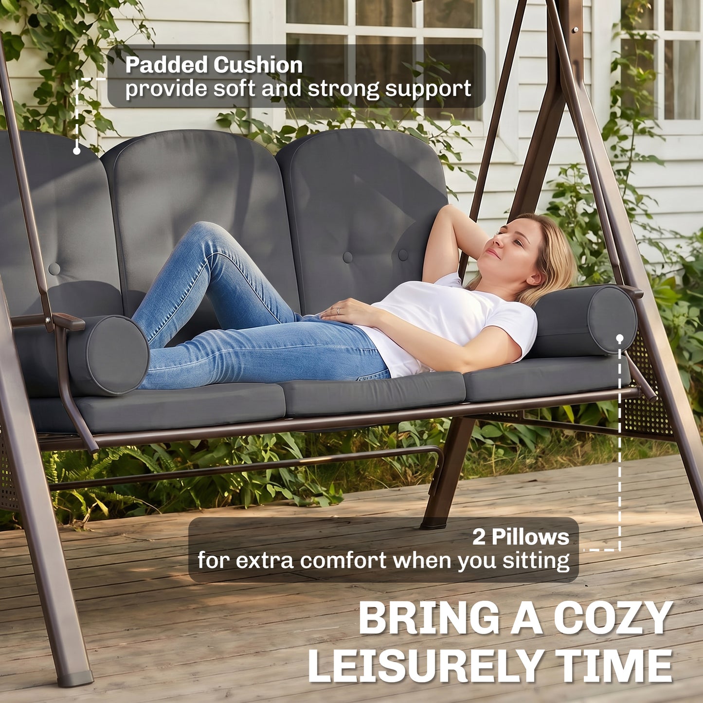 Outdoor Patio 3-Person Steel Canopy Cushioned Seat Bench Swing with Included Side Trays & Padded Comfort, Dark Grey
