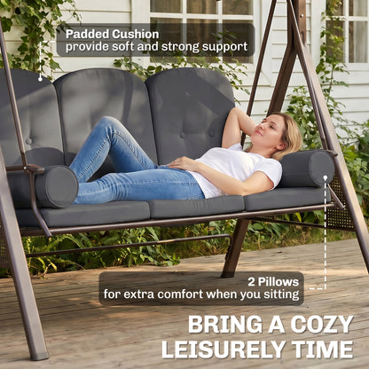 Outdoor Patio 3-Person Steel Canopy Cushioned Seat Bench Swing with Included Side Trays & Padded Comfort, Dark Grey