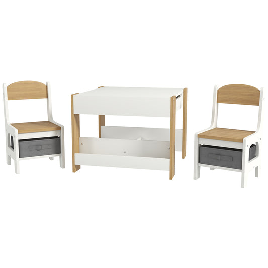 Qaba 3 Piece Kids Table and Chair Set with Reversible Tabletop, Blackboard, Storage, Bookshelf, for Playroom, Nursery Natural