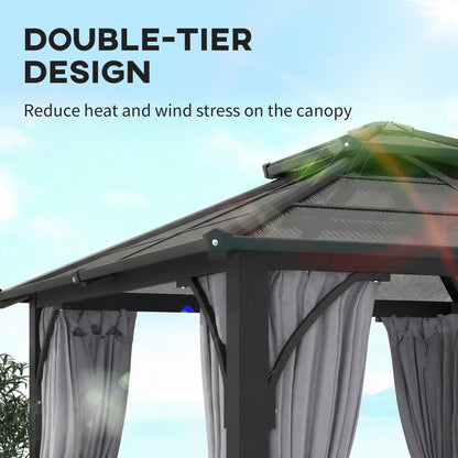 10' x 10' Hardtop Gazebo with 7mm Polycarbonate Double-Tier Roof, Outdoor Gazebo with Netting and Curtains, Dark Grey