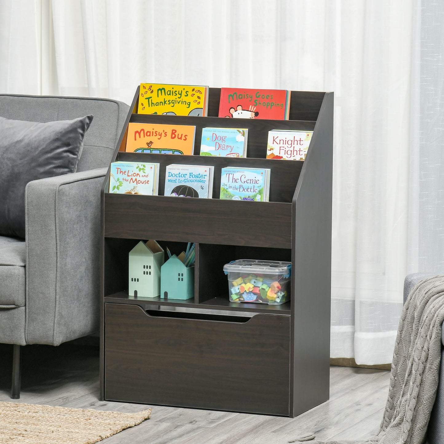 Kids Bookshelf Bookcase, Montessori-Inspired Multi-Shelf Rack Organizer with Moveable Drawer for Books for Reading Nook, Classroom, Bedroom, Playroom, Brown