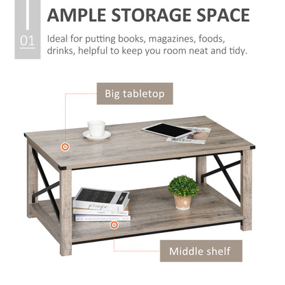 Industrial Coffee Table, Cocktail Table with Bottom Storage Shelf, Metal X-Bar for Living Room Bedroom