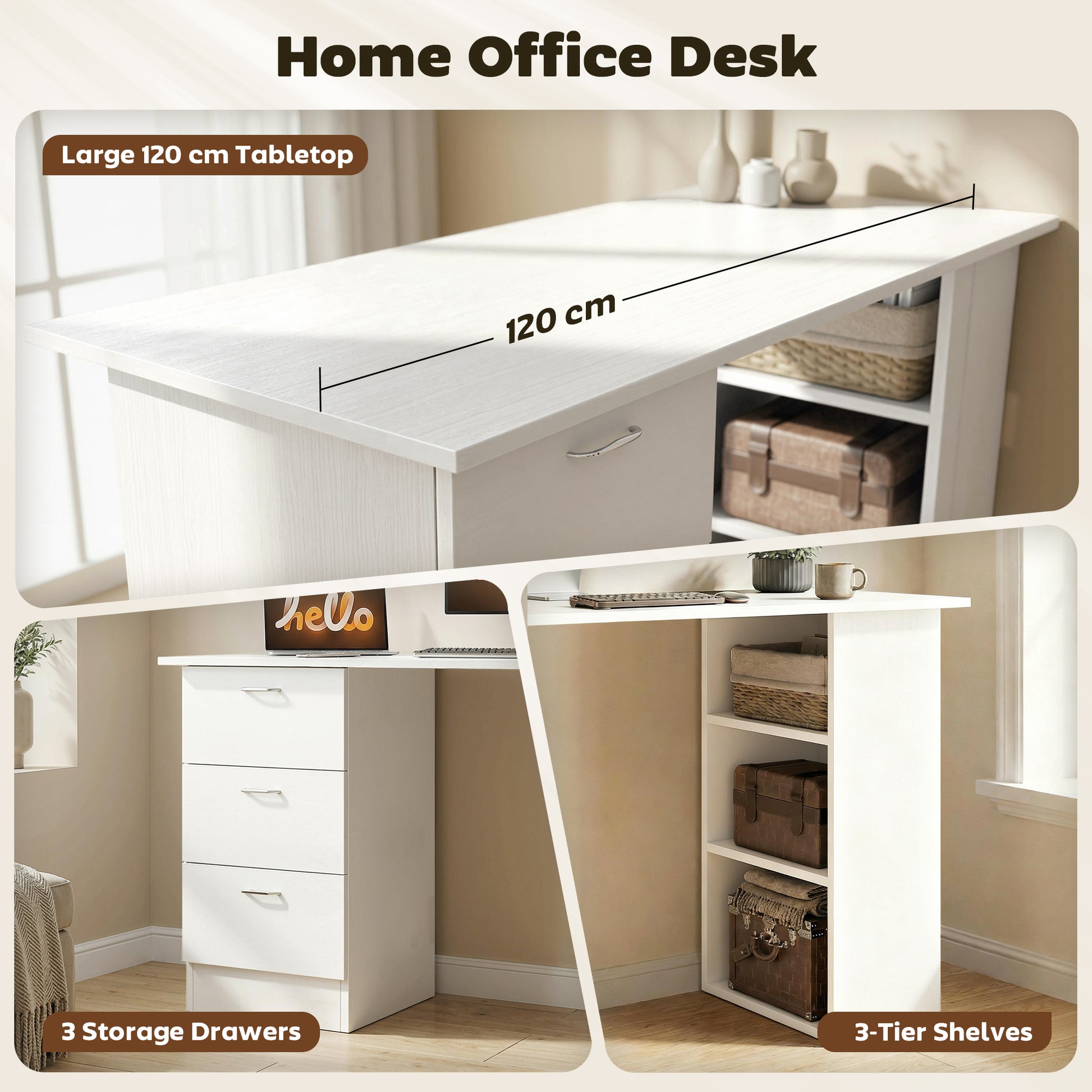 Computer Desk, 47" Writing Table with 3-Tier Shelves and 3 Reversible Drawers for Home Office, Bedroom, White