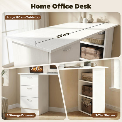 Computer Desk, 47" Writing Table with 3-Tier Shelves and 3 Reversible Drawers for Home Office, Bedroom, White