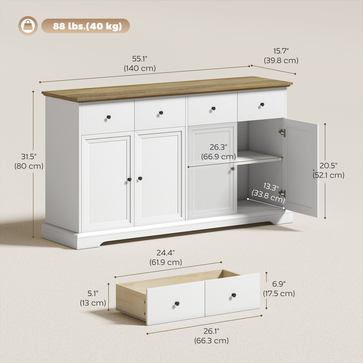 Sideboard Buffet Cabinet, 55" Farmhouse Kitchen Cabinet with Soft-Close Doors, 2 Drawers and 2 Adjustable Shelves