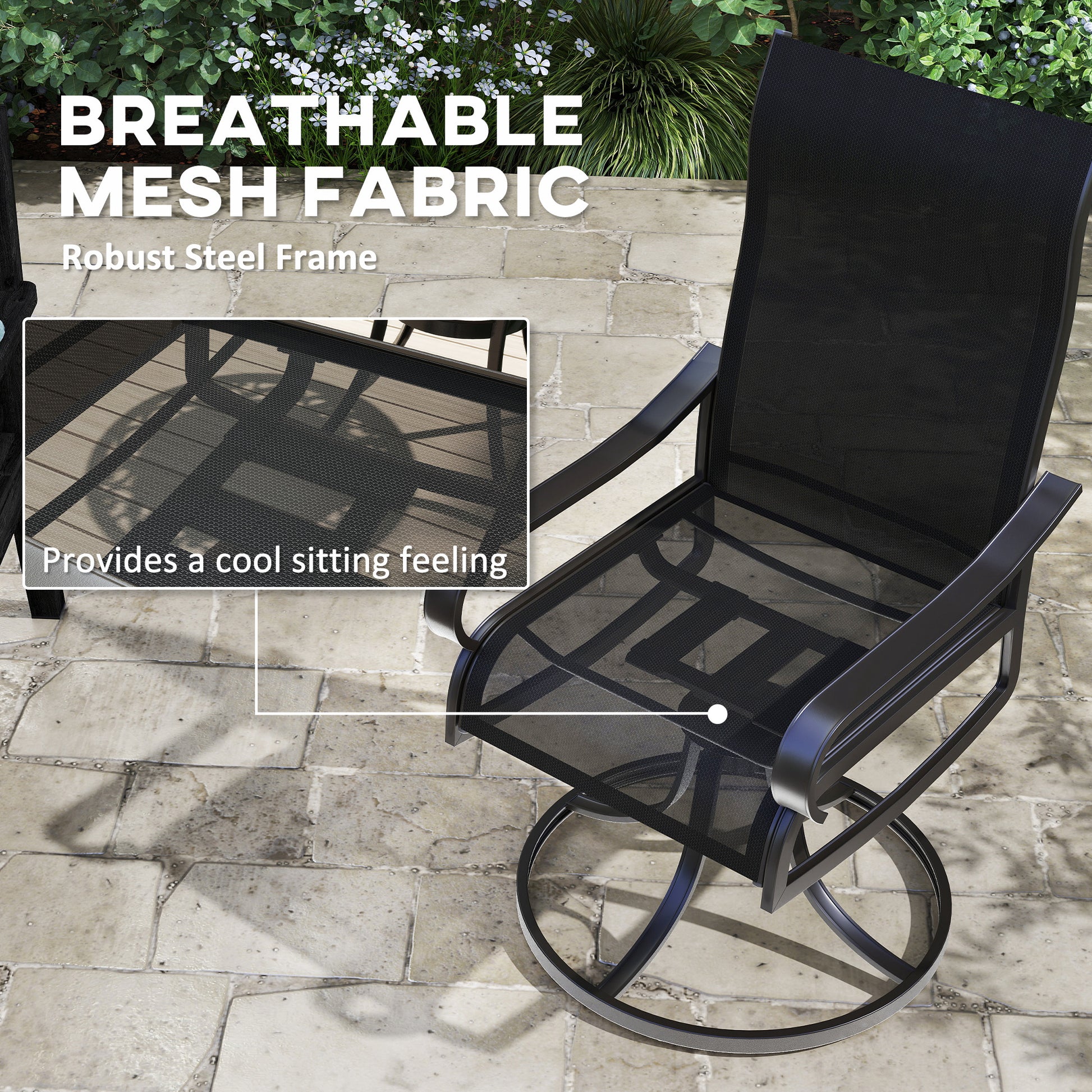 2-Piece Swivel Patio Dining Chairs, 360° Swivel Rocking Outdoor Chairs with Curved Armrests, Breathable Mesh Seat & S Shape Backrest for Yard, Lawn, Porch, Black
