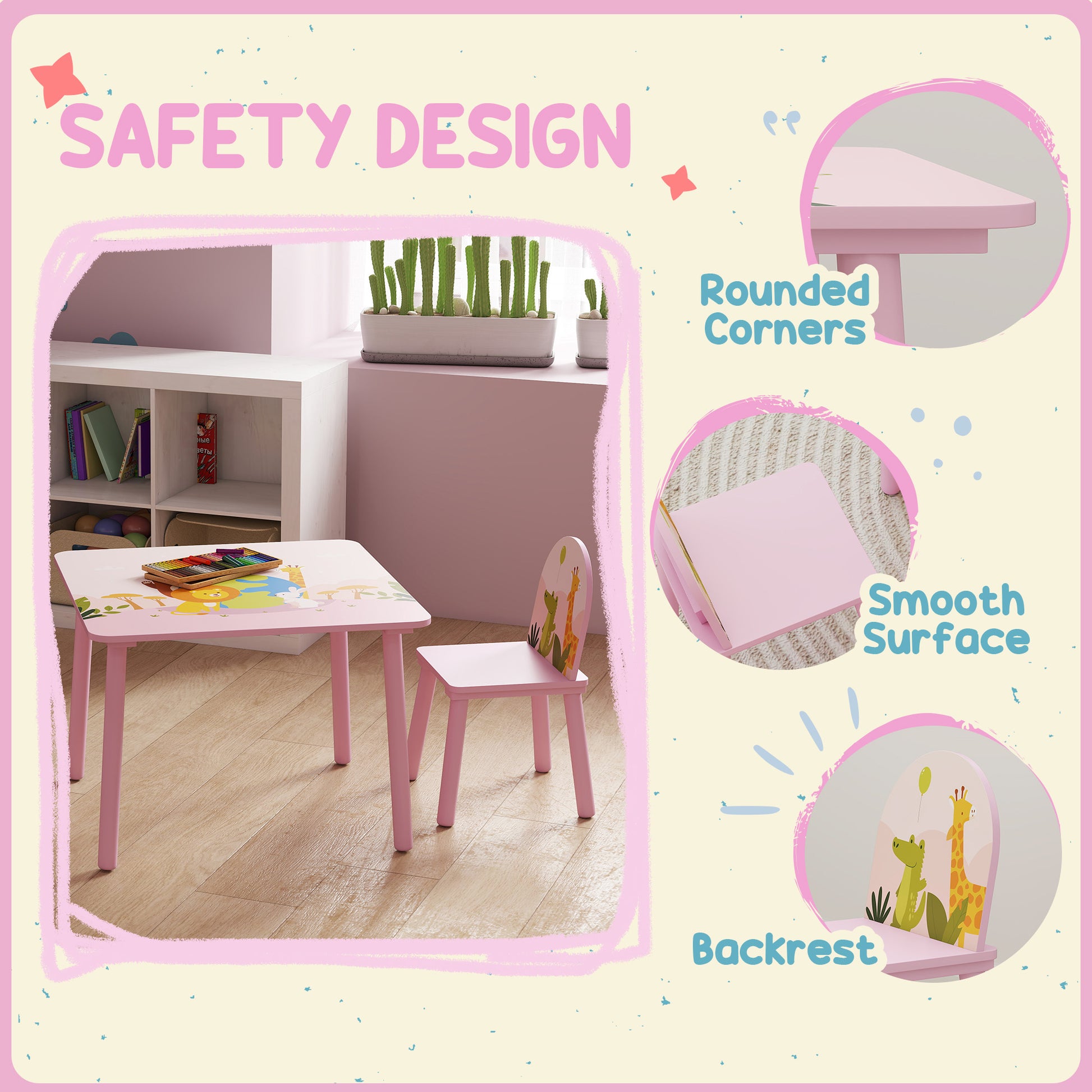 Qaba Kids Table and Chair Set, Toddler Table and 2 Chairs Set for Art, Craft, Reading, Learning, Pink