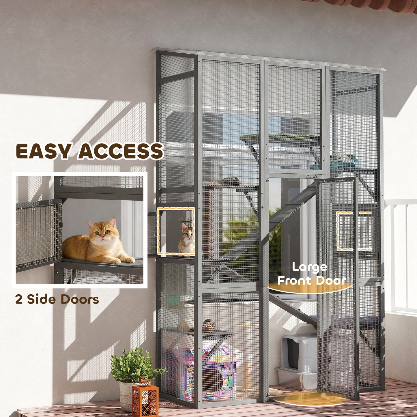 Large Outdoor Catio with 6 Jumping Platforms, Scratching Post, 2 Ramps, Waterproof Roof, Grey