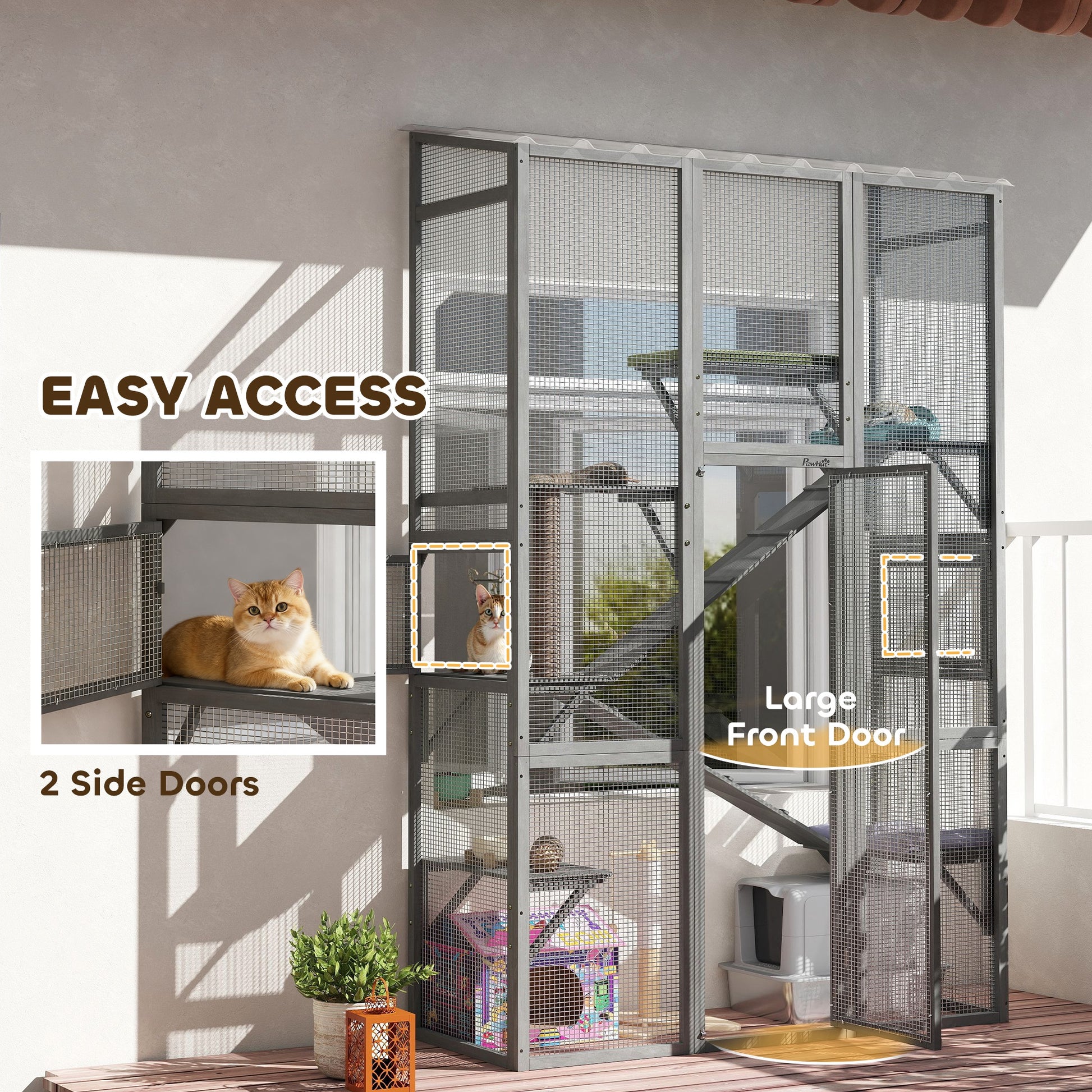Large Outdoor Catio with 6 Jumping Platforms, Scratching Post, 2 Ramps, Waterproof Roof, Grey