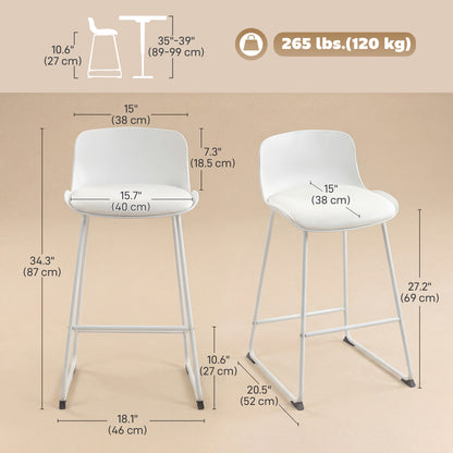 Modern Bar Stools Set of 2, PU Leather Barstools, Counter Height Kitchen Chairs for Breakfast Bars, Dining Room, White