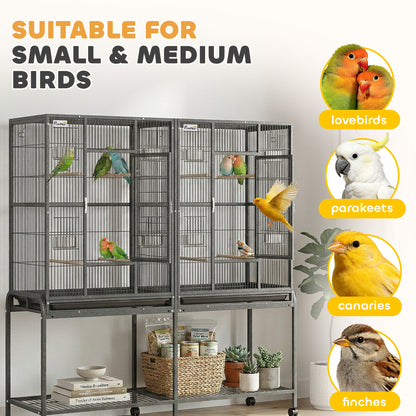 56"H Bird Cage, Parrot Cage w/ Detachable Rolling Stand, Removable Tray, Storage Shelf, Perches, Food Container