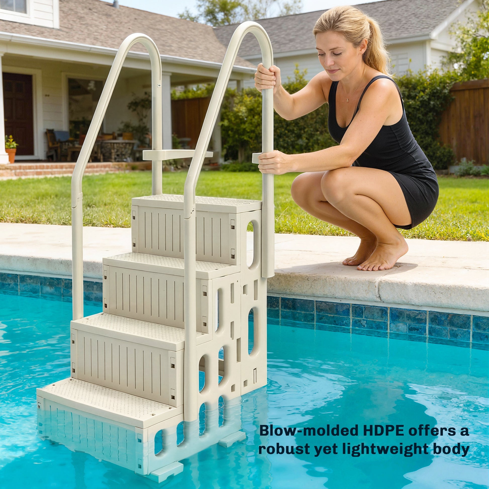 Swimming Pool Ladder Adjustable for Above Ground Pools w/ Non-Slip Steps & Dual Handrails 4-Step Cream White