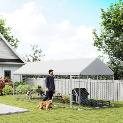 Heavy Duty Outdoor Dog Kennel with Waterproof Roof, Secure Latch, Chain Link Dog Run for Backyard, 19.7' x 7.5' x 7.9'