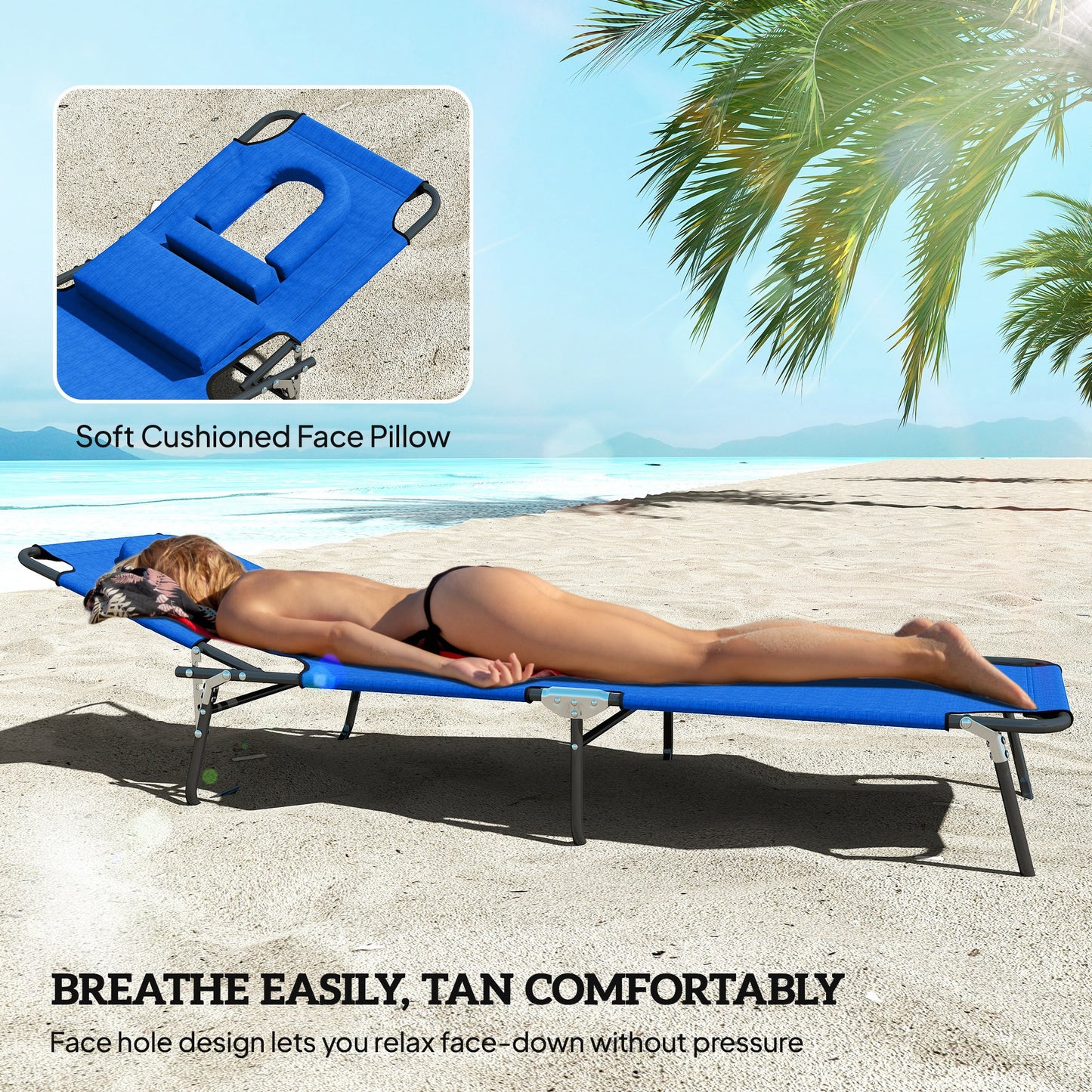 Folding Lounge Chair Set of 2, Reclining Beach Tanning Chair with Face Hole, Pillow, 4-Position Adjustable Flat Sun Lounger, Steel Frame for Outdoor Patio Pool, Blue
