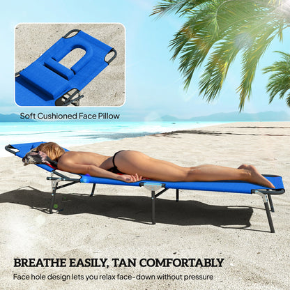 Folding Lounge Chair Set of 2, Reclining Beach Tanning Chair with Face Hole, Pillow, 4-Position Adjustable Flat Sun Lounger, Steel Frame for Outdoor Patio Pool, Blue