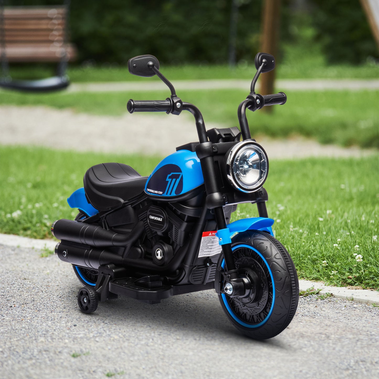 Aosom 6V Kids Motorcycle with Training Wheels, Foot Pedal, Headlight, Music, Forward/Reverse, Single-Button Start, Blue
