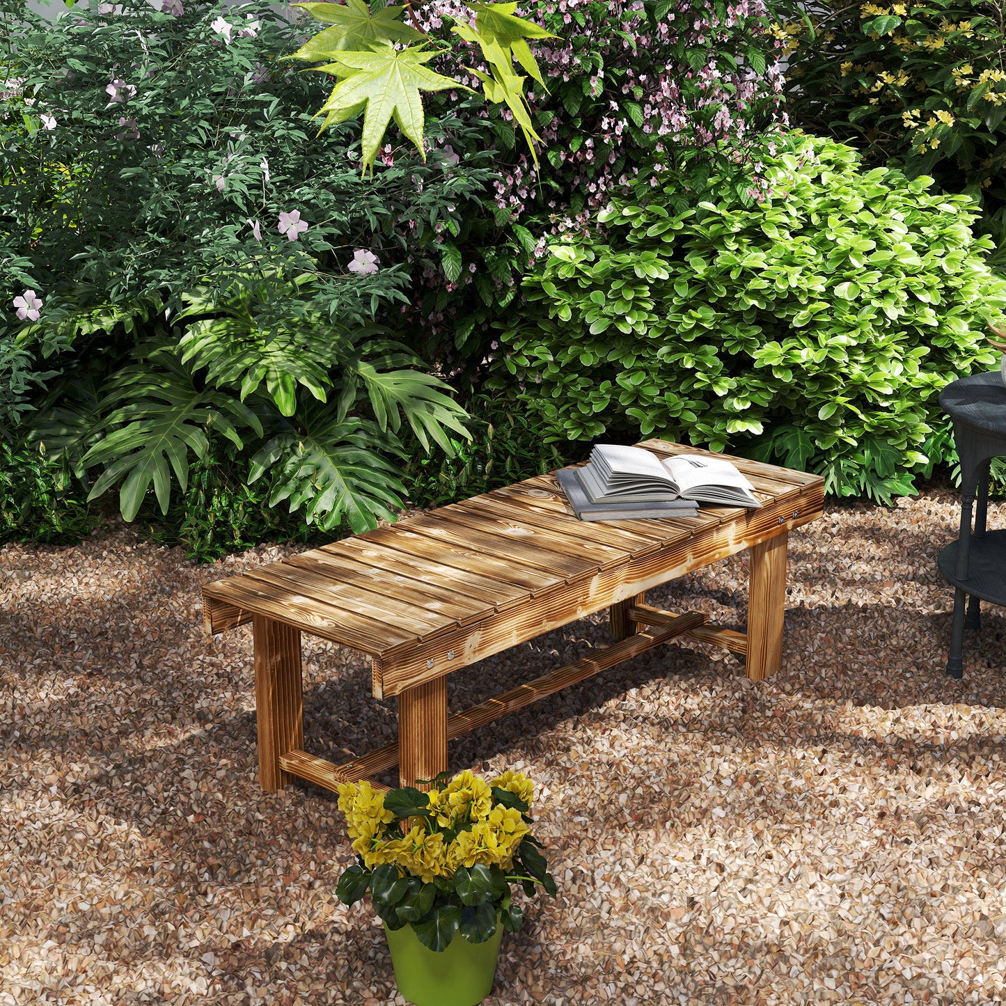 Outdoor Garden Bench, Backless Patio Fir Wood Stool, Armless Loveseat, 43.25" x 15" x 13.75", Carbonized