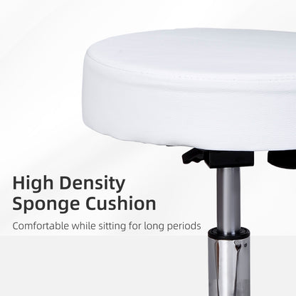 Adjustable Rolling Stool with Back, PU Leather Round Swivel Drafting Stool with Wheels for Kitchen, Salon Spa, Bar, Home Office, Massage, White