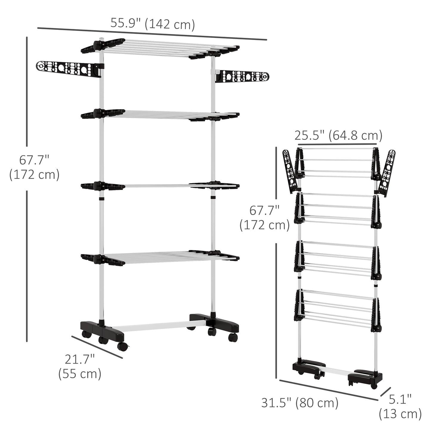 Garment Drying Rack Stainless Steel Folding Clothes Hanging Rack with Side Wings Castors for Indoor Outdoor Black
